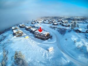 TjaldalDobbel Feriehus - Bortelid/Åseral的雪地中度假村的空中景观