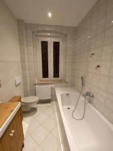 勒鲍Ferien bei Anna的白色的浴室设有浴缸和卫生间。