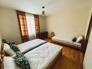 古多里Gudauri Deka House的一间带两张床和一张沙发的卧室