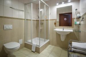 克雷尼察Hotel Jaworzyna Krynicka的带淋浴、卫生间和盥洗盆的浴室