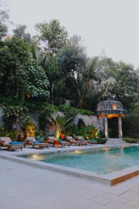 日惹Dandaman villa的一个带长椅和凉亭的游泳池