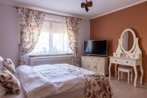 思贝儿Vila Crisalia Sibiel -Sibiu的一间卧室配有一张床、一台电视和一面镜子