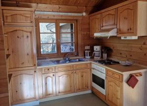 HayingenFerienhaus Neckar 34的一个带木制橱柜和水槽的厨房