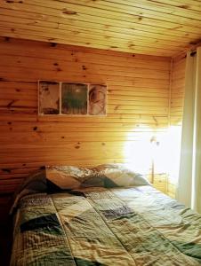 皮里亚波利斯Hermosa cabaña con excelente vista panorámica的木墙客房的一张床位