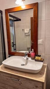 艾瓦勒克Cunda Nesos Pansiyon的浴室水槽和上面的大镜子