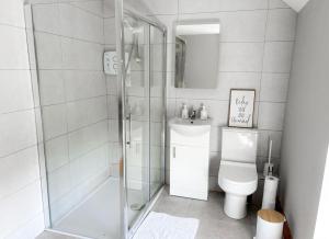 法伦福尔Lisheenbawn Farmhouse Farranfore的带淋浴和卫生间的白色浴室