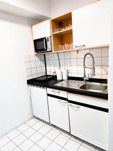 纽伦堡B&R apartment türkischen Konsulats的厨房配有水槽和微波炉