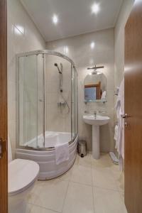 圣彼得堡Solo Isaac Square的带淋浴、卫生间和盥洗盆的浴室