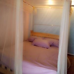 LiteinMerricks Guest House的紫色枕头间内一张带天蓬的床