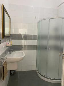 斯法克斯Appartement simple et propre的一间带水槽和玻璃淋浴的浴室