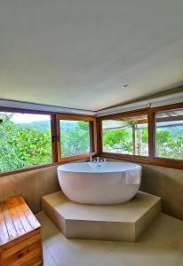 CavintiSofia's Lake Resort的带窗户的客房内的大浴缸
