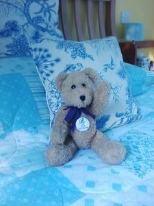 圣安德鲁斯The Spindle Guest Rooms的泰迪熊坐在床上,带枕头