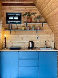 卡兹贝吉Kazbegi Kuro Cottages的厨房配有蓝色橱柜和台面