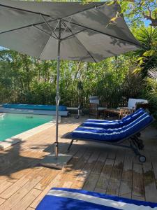 艾格-莫尔特Chambre BELEM - MAS SAINT LOUIS的游泳池畔的遮阳伞和躺椅