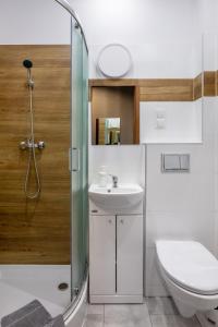 茨兹伊特纳Dom Wczasowy KAMELA的浴室配有卫生间、盥洗盆和淋浴。