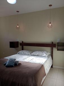 瓜拉派瑞HoStel de Setiba - HOSPEDARIA OCA RUCA的一间卧室配有一张带两个灯的大床