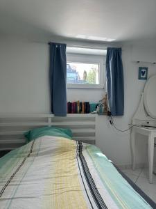 卢森堡Simple room in Luxembourg city的一间卧室配有一张带窗户和镜子的床