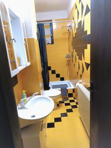 斯洛文尼亚科尼采Apartma Xanadu的黄色的浴室设有水槽和卫生间
