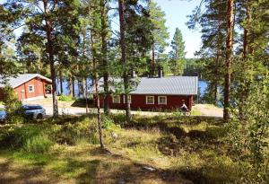 蓬卡哈尤Cottages SAA的树林里的一个小屋,一个人骑着自行车