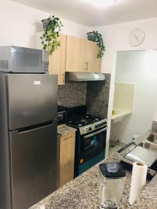 拉罗马纳Apartamento amueblado的厨房配有不锈钢冰箱和木制橱柜