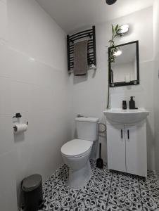 罗兹Kolejowy Zajazd 3的白色的浴室设有卫生间和水槽。