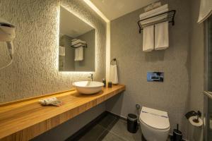 博德鲁姆Gündoğan Suites的一间带水槽、卫生间和镜子的浴室