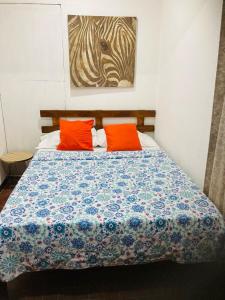 利比里亚Hostel Casa Mar的一张带两个橙色枕头的床和一幅画