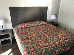 梅肯Delux Inn的一间卧室配有一张带彩色毯子的床