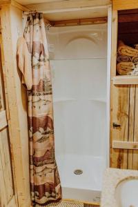 PickensLazy Bear Retreat by the Creek的客房内的带浴帘的浴室