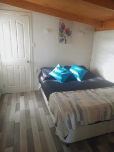 蓬塔阿雷纳斯Departamento con acceso independiente - English spoken的一间卧室配有一张带蓝色枕头的床。