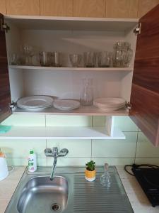 乌斯特卡Domki WIKA 2的厨房里的水槽,架子上放有盘子和玻璃杯