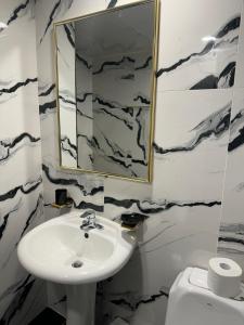 仁川市Seoknam 3&4 Hotel的一间带水槽、镜子和卫生间的浴室
