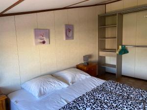 波尔蒂拉盖Portiragnes-Plage - Les Portes du Soleil - Maison 75m² - A2的卧室内的一张床铺,墙上有两张照片
