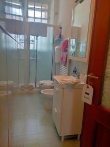 都灵Appartamento Pozzostrada的浴室配有卫生间、盥洗盆和淋浴。