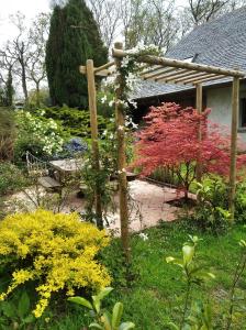 莫尔莱Maison dans un environnement boisé très calme的一座花园,花园内种有五颜六色的鲜花,设有木制凉棚