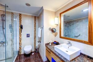 科纳克勒Bera Alanya Hotel - Halal All Inclusive的一间带水槽、淋浴和卫生间的浴室