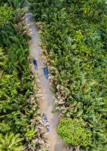 Ấp Phú Hòa (3)Hide Away Bungalows in Ben Tre City的香蕉种植园空中的景观,人们在水中