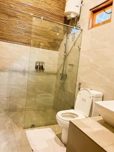 Eco Bliss Cottages - Thanamalwila的带淋浴、卫生间和盥洗盆的浴室