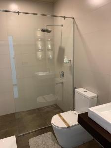 拜蒂克洛Leena Holiday Home的一间带卫生间和玻璃淋浴间的浴室