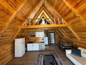 达拉曼ERTUTATİLEVLERi的小木屋内的厨房和客厅