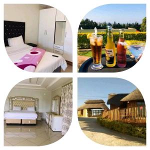 曼齐尼Rest Camp Lodge的三张酒店客房的照片,配有一张床和饮料