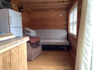 UlsterLakeside Tiny Cozy Retreat的一间小房间,配有沙发和冰箱