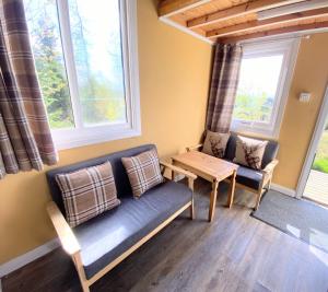邓弗姆林Blair Tiny House with Private Hot Tub - Pet Friendly- Fife - Loch Leven - Lomond Hills的带沙发和2扇窗户的客厅