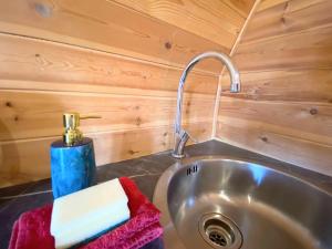 KeltyPond View Pod 1 with Outdoor Hot Tub - Pet Friendly - Fife - Loch Leven - Lomond Hills的一个小房子里一个带水龙头的厨房水槽