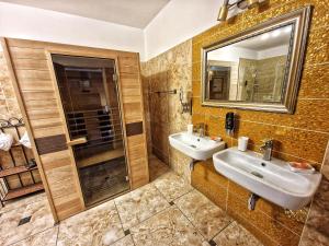 罗斯诺夫·波德·拉德霍斯滕In Spirit, hotel v Rožnovském pivovaru - Pivní Lázně, Wellness & Čokoládovna的浴室设有2个水槽、镜子和淋浴。