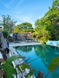 康提Fairy Cottage Kandy的花园内带长椅的游泳池