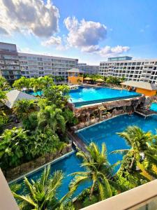 乔木提恩海滩Laguna beach condo resort 3 maldives pattaya top pool view ลากูน่า บีช คอนโด รีสอร์ต 3 พัทยา的棕榈树度假村泳池的空中景致