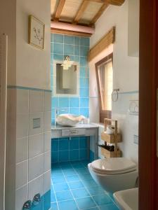 MonterubbianoAl Poggio dei 4 Borghi的蓝色瓷砖浴室设有卫生间和水槽