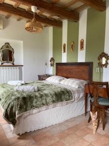 MonterubbianoAl Poggio dei 4 Borghi的一间卧室配有一张大床、一张桌子和一只猫