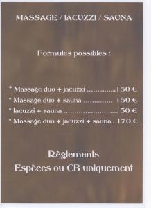 艾吉纳" LE CHABASSOLE " CHAMBRES D'HÔTES - Massages - Jacuzzi - Sauna - GORGES DU VERDON的masaya jazza桑拿的菜单截图